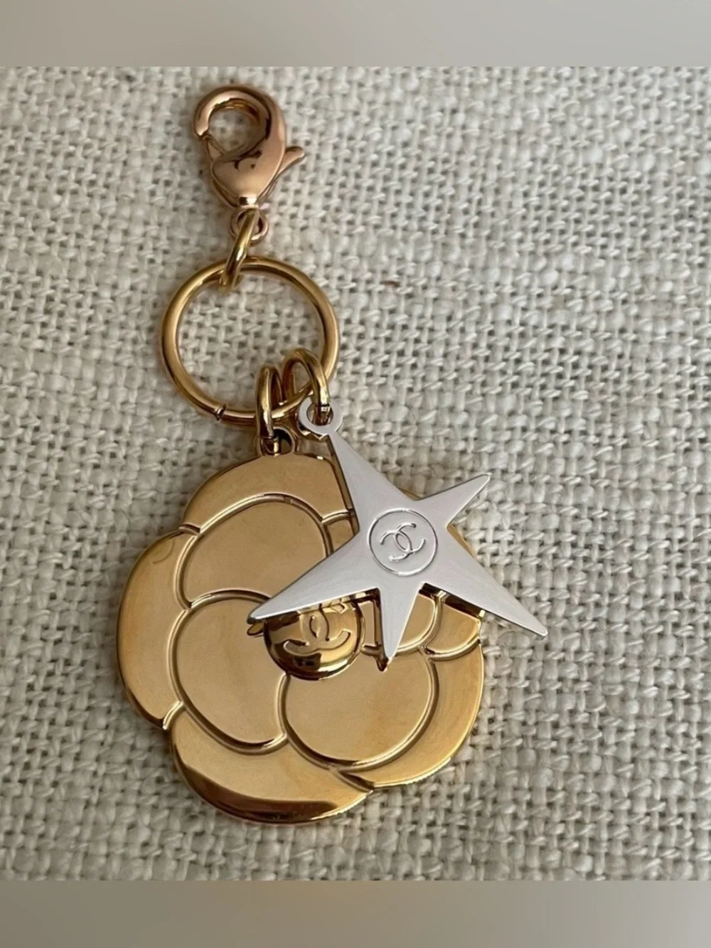 CHANEL Gold Camellia with Silver Star Key & Card Charm